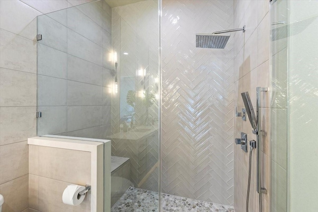 bathroom with a shower stall and toilet