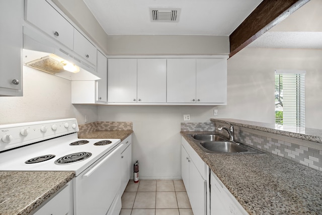 kitchen with light tile patterned floors, visible vents, a sink, white electric range oven, and white cabinetry