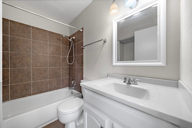 bathroom featuring shower / bath combination, vanity, toilet, and a textured wall