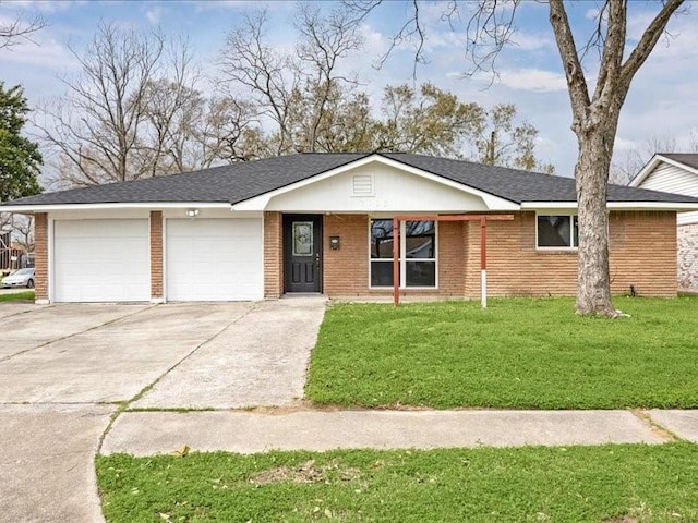 ranch-style home with concrete driveway, a front lawn, brick siding, and a garage