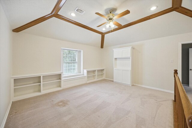 1415 Stependale Dr, Katy, TX 77450 - unfurnished room featuring a ceiling fan, visible vents, lofted ceiling, and light carpet