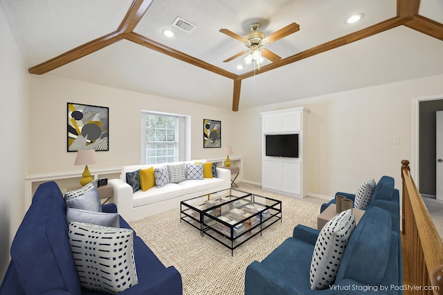 1415 Stependale Dr, Katy, TX 77450 - living area with a ceiling fan, recessed lighting, visible vents, and vaulted ceiling