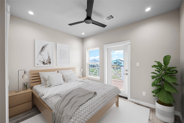 bedroom with access to outside, recessed lighting, baseboards, wood finished floors, and ceiling fan