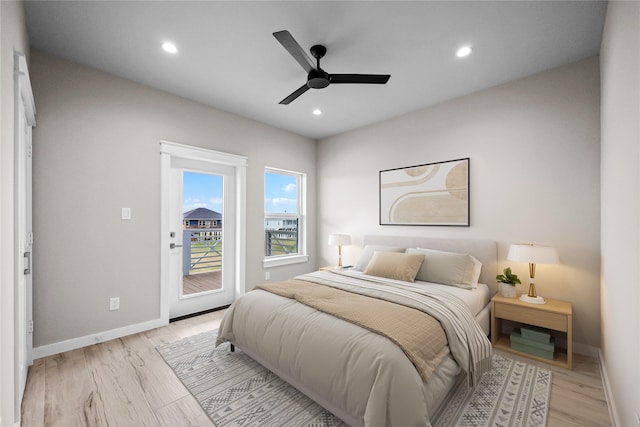 bedroom with access to outside, baseboards, recessed lighting, light wood-style floors, and a ceiling fan