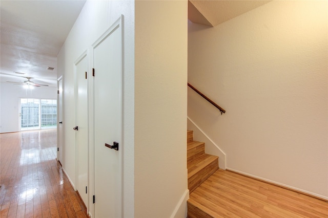 staircase featuring wood-type flooring, baseboards, and a ceiling fan