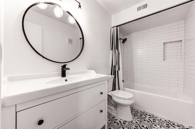 bathroom featuring toilet, visible vents, vanity, and shower / bathtub combination with curtain
