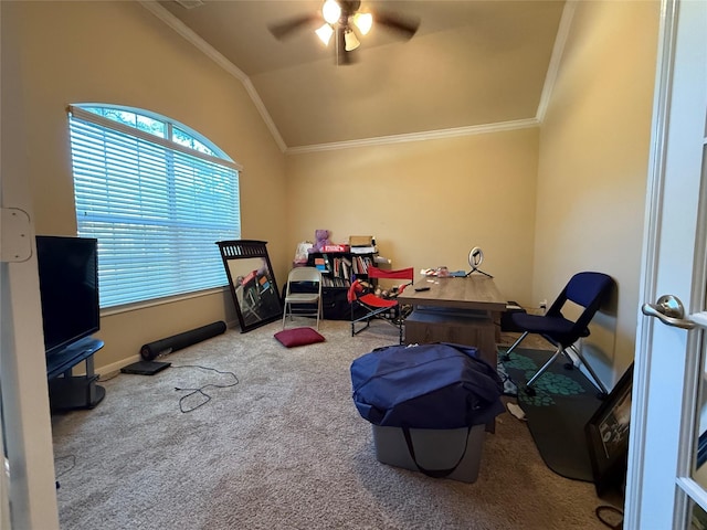 recreation room with crown molding, lofted ceiling, carpet floors, and a ceiling fan