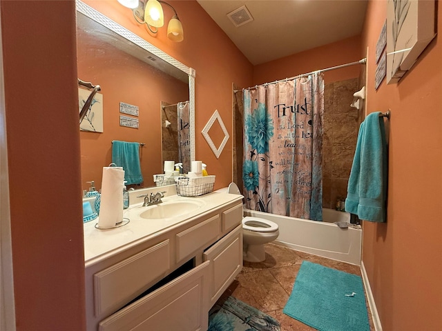 full bath with toilet, shower / bath combo with shower curtain, tile patterned floors, visible vents, and vanity