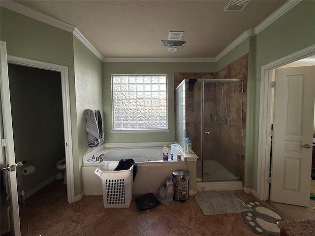 bathroom with toilet, visible vents, crown molding, a shower stall, and a bath