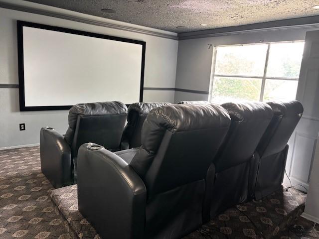 cinema with a textured ceiling, baseboards, and dark carpet