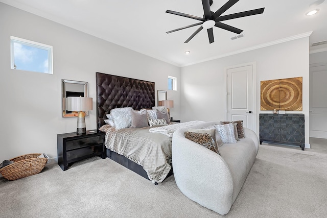 carpeted bedroom featuring crown molding, visible vents, ceiling fan, and recessed lighting
