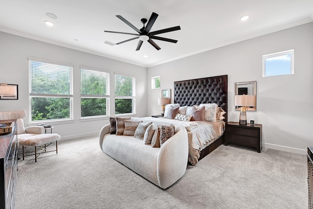 bedroom with baseboards, ornamental molding, and carpet