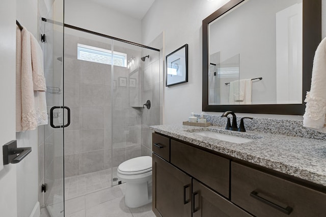 full bath featuring tile patterned floors, vanity, toilet, and a stall shower