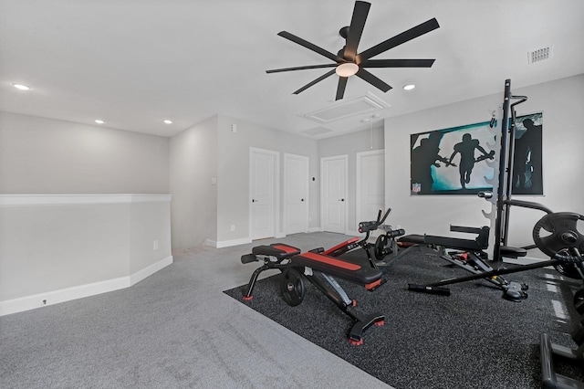 exercise area featuring attic access, visible vents, baseboards, ceiling fan, and recessed lighting