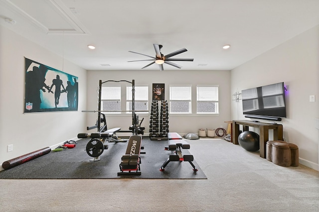 workout area featuring attic access, a wealth of natural light, ceiling fan, and recessed lighting