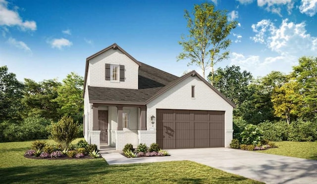 modern farmhouse style home featuring brick siding, driveway, a garage, a front yard, and a shingled roof