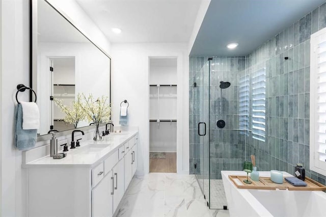 full bath with a walk in closet, a freestanding bath, a shower stall, and a sink