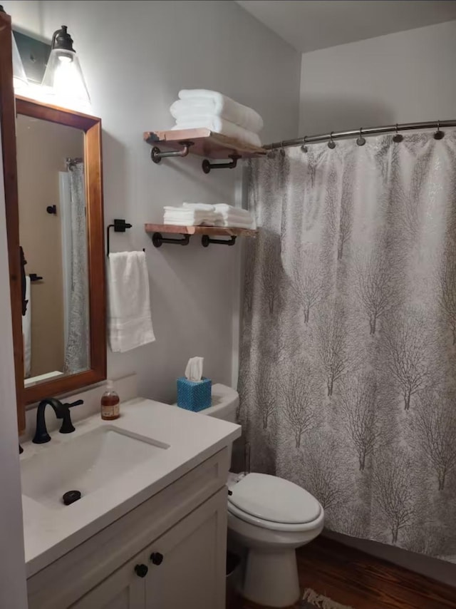full bathroom with toilet, vanity, and wood finished floors