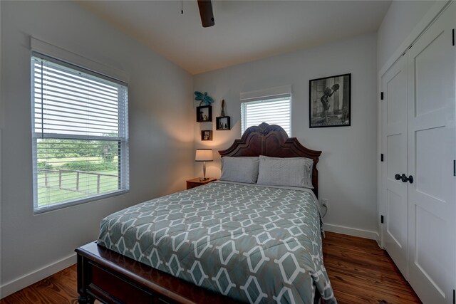 704 Burleson St, Brenham, TX 77833 - bedroom with dark wood finished floors, a closet, and a ceiling fan
