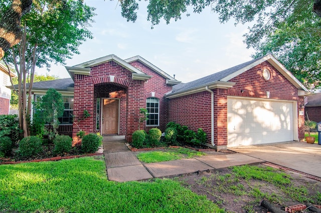 ranch-style home featuring an attached garage, a shingled roof, brick siding, and driveway