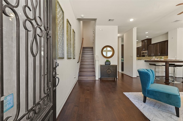26 W Oaks Dr, Houston, TX 77058 - entryway with baseboards, dark wood-style floors, stairs, a ceiling fan, and recessed lighting