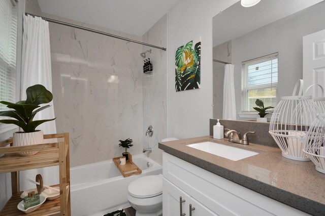 5410 Bataan Rd, Houston, TX 77033 - bathroom featuring vanity, shower / bathtub combination with curtain, and toilet