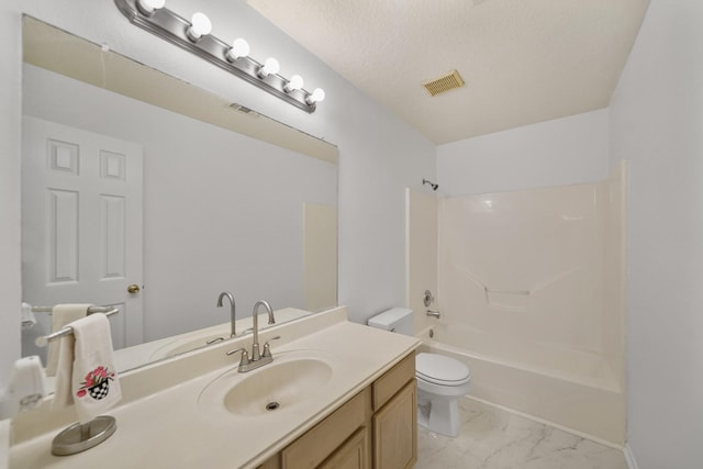 bathroom with toilet,  shower combination, visible vents, marble finish floor, and vanity