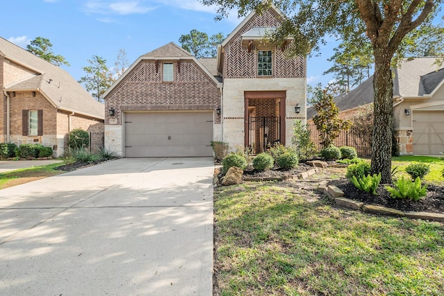 view of front of property featuring brick siding, fence, a garage, concrete driveway, and stone siding