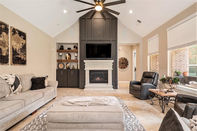 living room with recessed lighting, visible vents, ceiling fan, high vaulted ceiling, and a fireplace