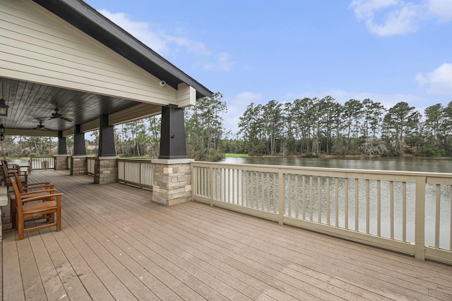 deck featuring ceiling fan and a water view