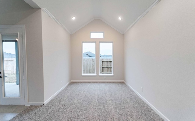 21215 Brook Tide Ln, Cypress, TX 77433 - unfurnished room featuring carpet flooring, crown molding, vaulted ceiling, and baseboards