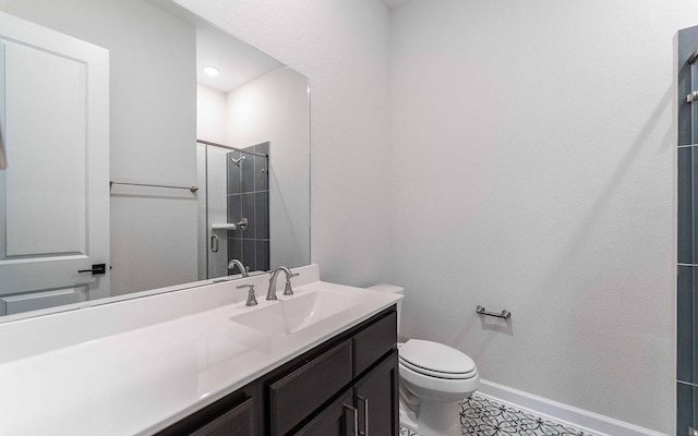 21215 Brook Tide Ln, Cypress, TX 77433 - bathroom featuring a shower stall, baseboards, vanity, and toilet