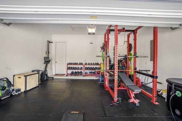 exercise room with electric panel and a garage