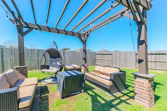 view of yard with a fenced backyard, a pergola, and an outdoor living space