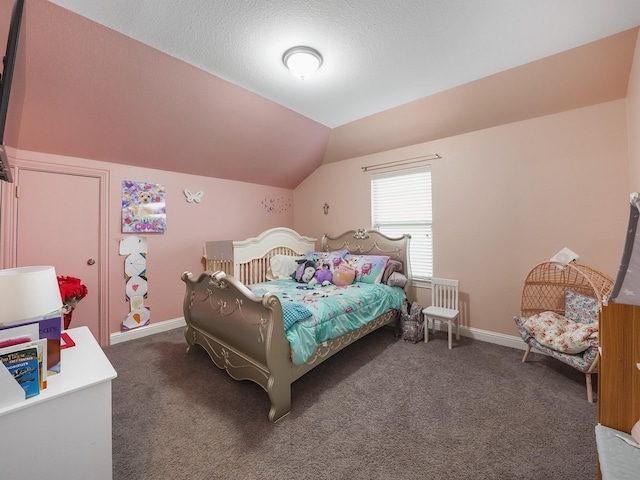 carpeted bedroom with vaulted ceiling and baseboards