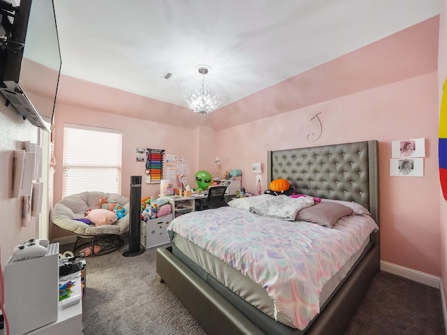 bedroom featuring baseboards, a chandelier, visible vents, and carpet floors