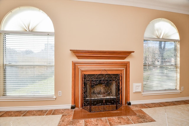 room details with ornamental molding, baseboards, and a fireplace with flush hearth