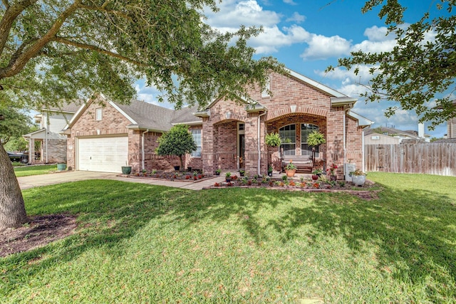 view of front of home with fence, a front yard, brick siding, and concrete driveway