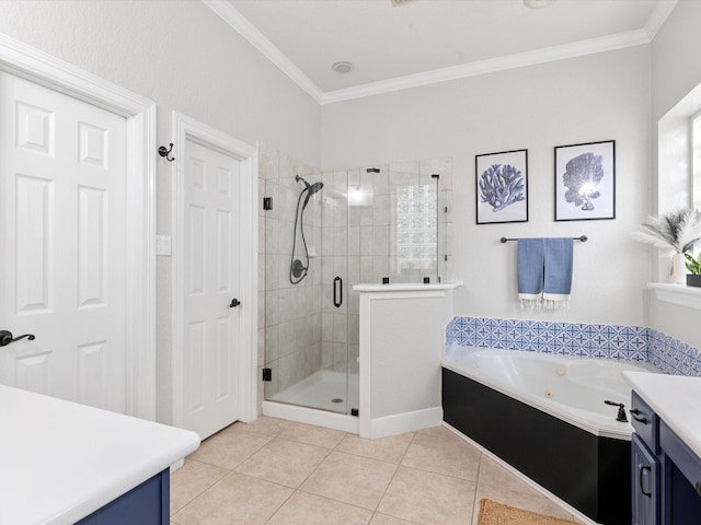 full bath featuring a whirlpool tub, tile patterned flooring, a stall shower, and ornamental molding