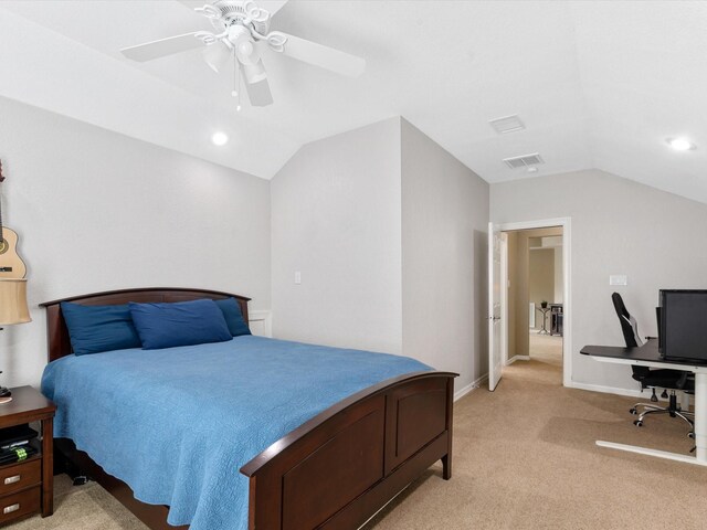 bedroom with a ceiling fan, visible vents, baseboards, light colored carpet, and vaulted ceiling