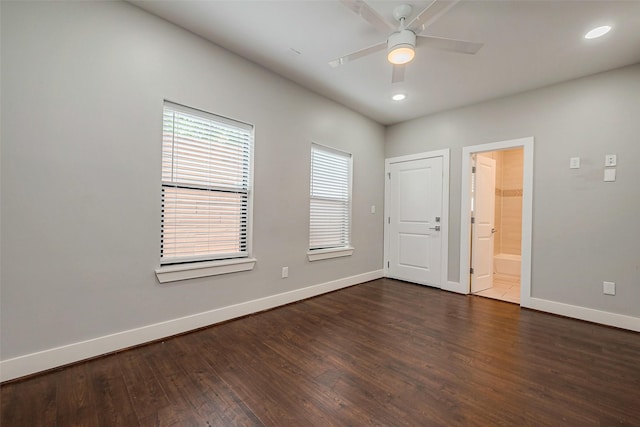 2424 Hadley St, Houston, TX 77003 - unfurnished room featuring baseboards, dark wood finished floors, recessed lighting, and a ceiling fan