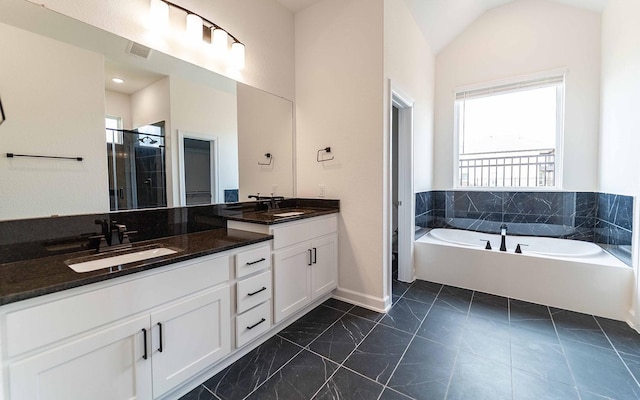 8406 Crab Blossom Dr, Cypress, TX 77433 - bathroom with a sink, visible vents, a shower stall, double vanity, and a bath