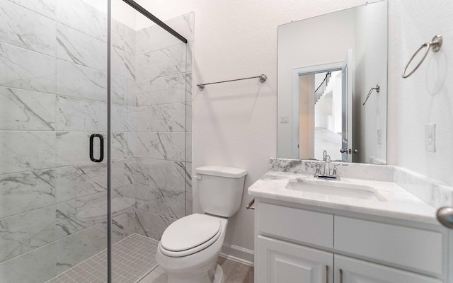 8406 Crab Blossom Dr, Cypress, TX 77433 - bathroom featuring a stall shower, vanity, and toilet