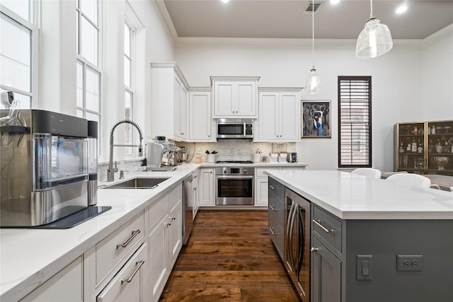 kitchen featuring ornamental molding, visible vents, a sink, appliances with stainless steel finishes, and dark wood-style floors