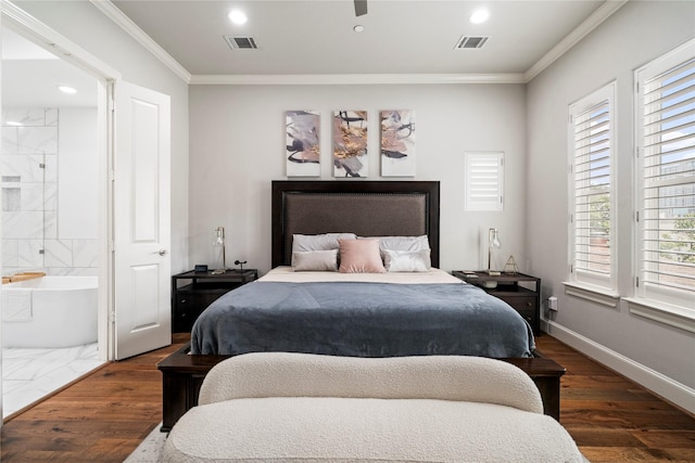 bedroom featuring visible vents, ornamental molding, and recessed lighting