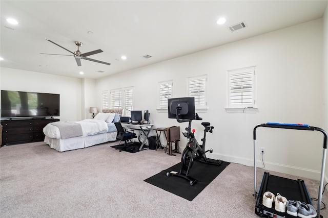 workout room with ceiling fan, carpet floors, visible vents, and recessed lighting