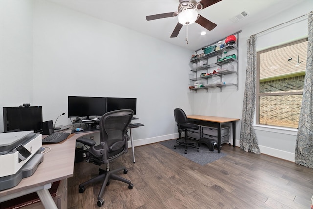 145 Lily Green Ct, Conroe, TX 77304 - office with a ceiling fan, wood finished floors, and baseboards