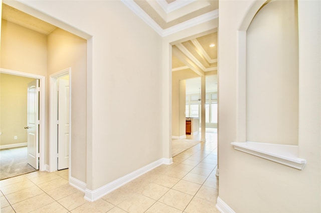 8523 Dolan Heights Ct, Cypress, TX 77433 - hall with light tile patterned floors, baseboards, and crown molding