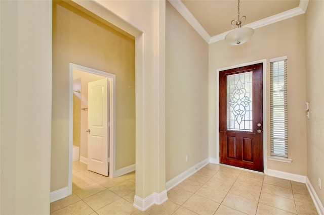 8523 Dolan Heights Ct, Cypress, TX 77433 - foyer with crown molding, light tile patterned flooring, and baseboards