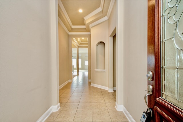 8523 Dolan Heights Ct, Cypress, TX 77433 - hallway with crown molding, baseboards, and light tile patterned floors